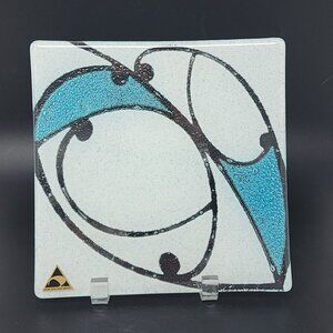 Fused Glass Plate by Maori Boy Teal White Kawakawa Pattern 8" Square VTG